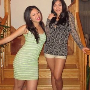 Neon Green Gray Striped Zig Zag Pencil Dress S-M